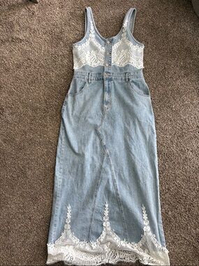 Denim Midi Dress with White Lace Trim